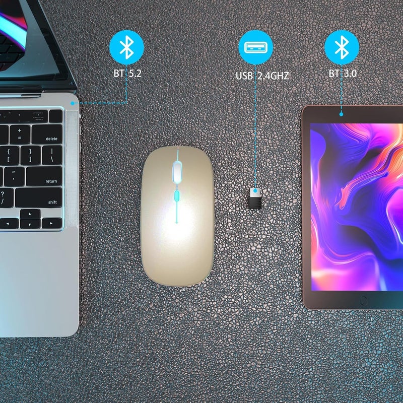 AOLIKOKO Wireless Bluetooth Mouse - Rechargeable Laptop Mice - with LED Lights,Dual Mode(Bluetooth 5.2 & Portable USB 2.4G) Connection,Silent - Computer Mouse for Laptop,iPad,Tablet,MacBook,& PC(Gold) - Image 4